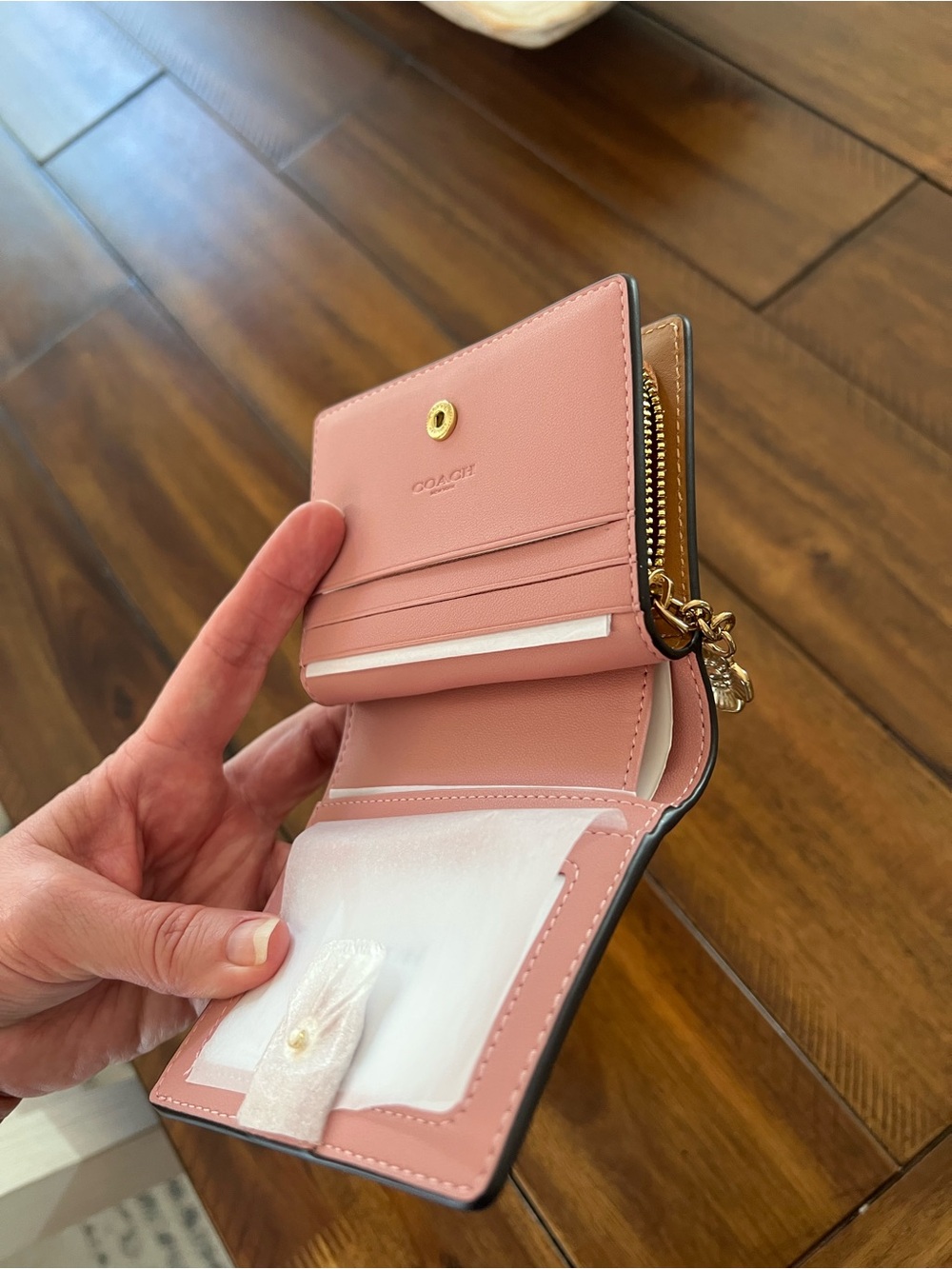 Coach Light Pink Signature Compact Wallet with Gold Hardware and Charm - Picture 5 of 7